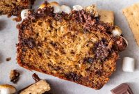 Gooey S’mores Banana Bread with Chocolate and Graham Cracker