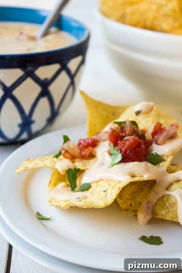 Irresistible Game Day Appetizer Recipes 5 Cheese sauce poured on top of tortilla chips.