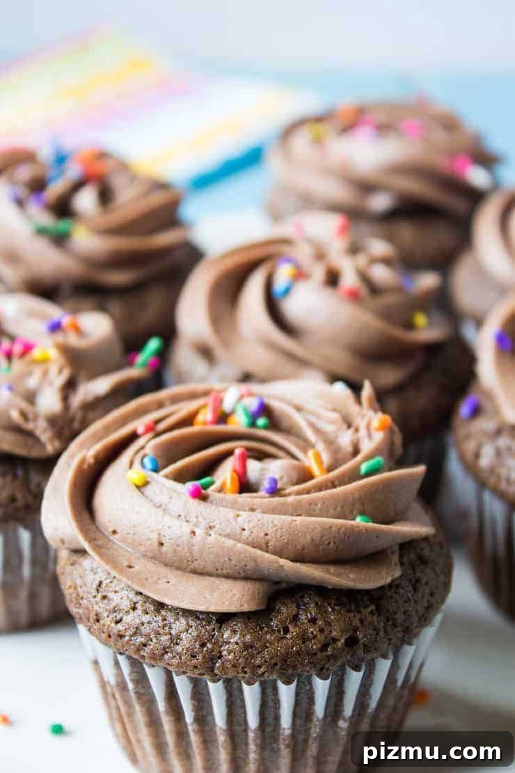 Irresistible Game Day Appetizer Recipes 10 Confetti cupcakes topped with sprinkles and chocolate frosting.
