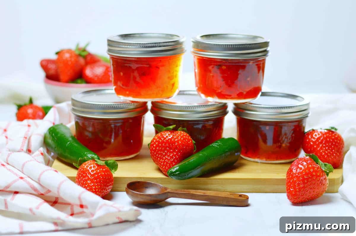 Spicy Jalapeño Strawberry Jam Recipe 2 Stacked jars of strawberry jalapeno jam.