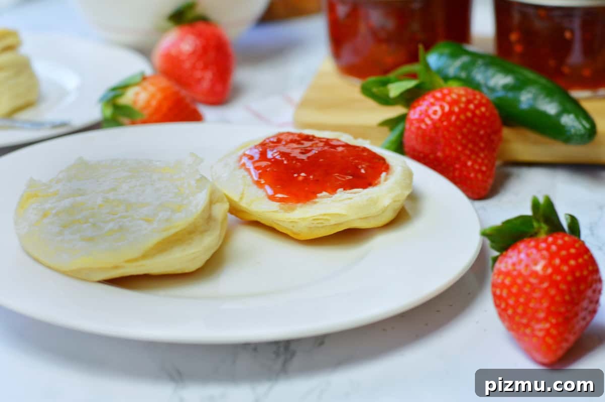 Spicy Jalapeño Strawberry Jam Recipe 3 biscuit on plate spread with jalapeno strawberry jam.