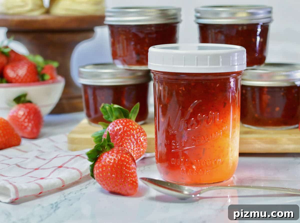 Spicy Jalapeño Strawberry Jam Recipe 8 jar of strawberry jalapeno jam with fresh strawberries.