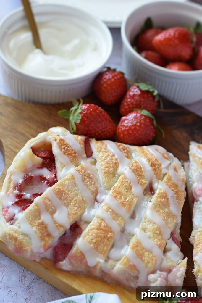 Homemade Strawberry Puff Pastry Danish Recipe 12 Close up of a strawberry puff pastry braid.