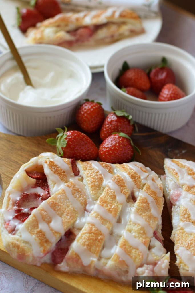 Homemade Strawberry Puff Pastry Danish Recipe 3 close up of a strawberry puff pastry danish.