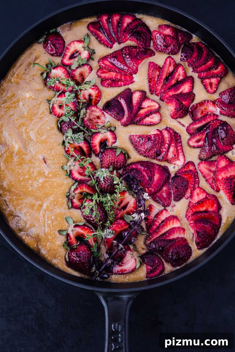 Strawberry Olive Oil Cake for Breakfast, Brunch and Dessert 4 pre-oven olive oil cake topped with fresh strawberries; overhead shot on a black background