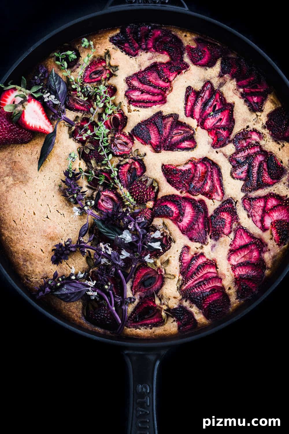 Strawberry Olive Oil Cake for Breakfast, Brunch and Dessert 5 Olive oil and fresh strawberry cake post oven; topped with fresh strawberries and herbs; overhead shot.