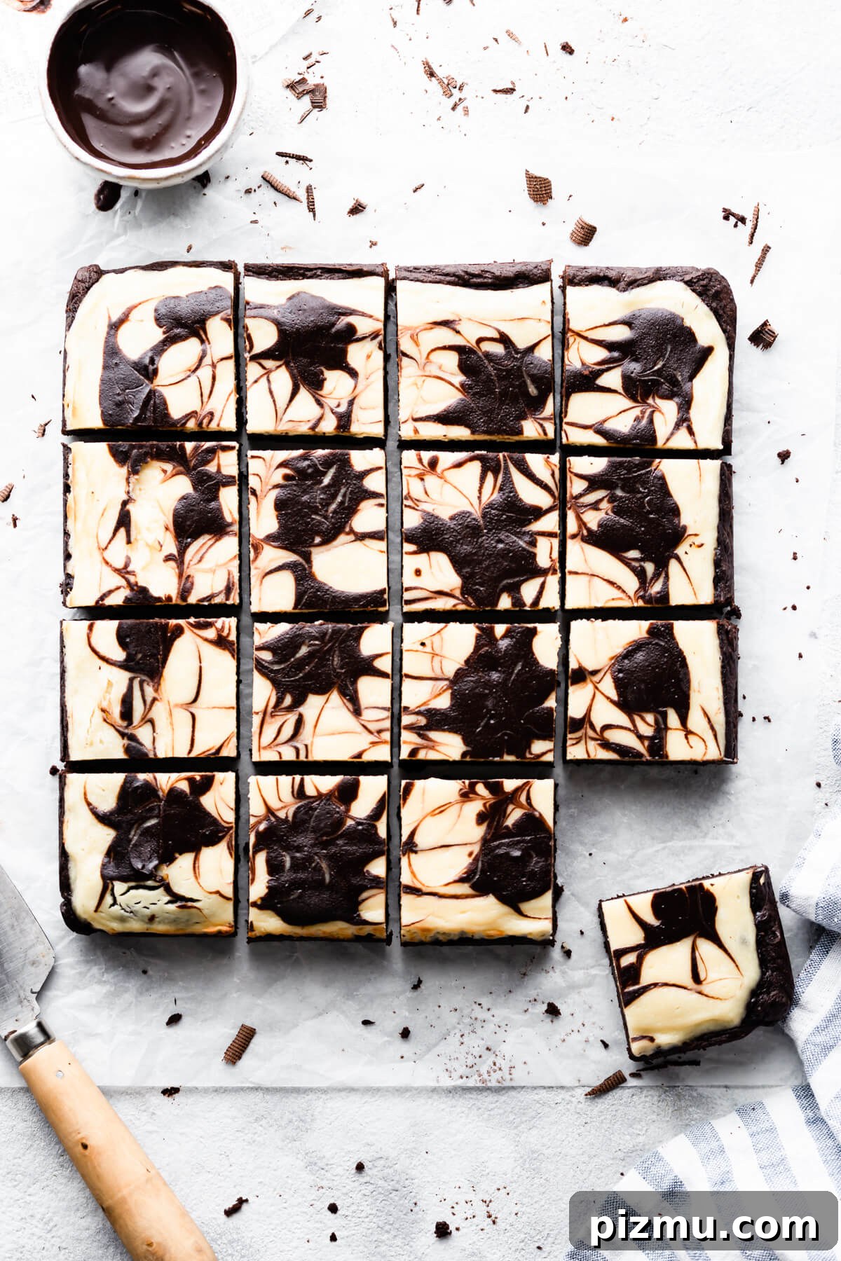 Cheesecake Swirl Brownies with Cream Cheese Filling 12 overhead shot of cheesecake brownie cut into squares