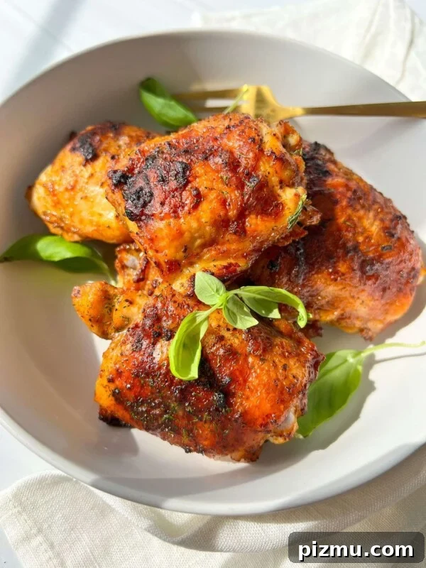Juicy Grilled Lemon Chicken with Garlic and Herbs 5 Easy Baked Chicken served in a bowl with basil garnish.