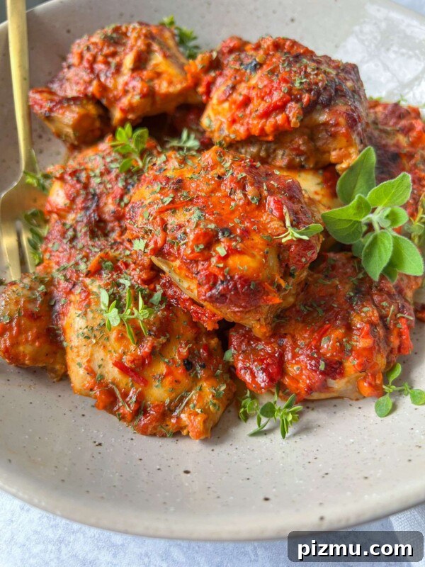 Juicy Grilled Lemon Chicken with Garlic and Herbs 7 Baked chicken thighs in a chunky red tomato-based sauce.