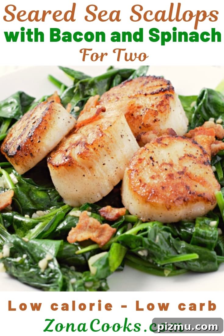 Seared Scallops with Garlic Butter Spinach 2 a graphic of Seared Scallops with Spinach and Bacon Recipe for Two