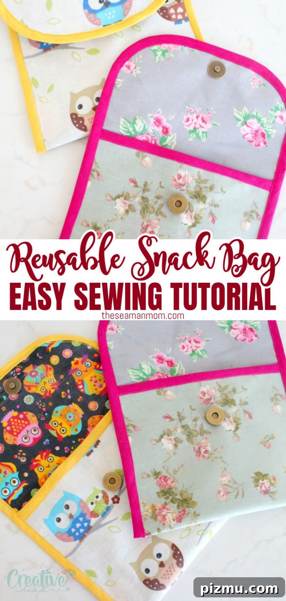 Photo collage of DIY reusable snack bags with magnetic snaps, sewn with waterproof fabric