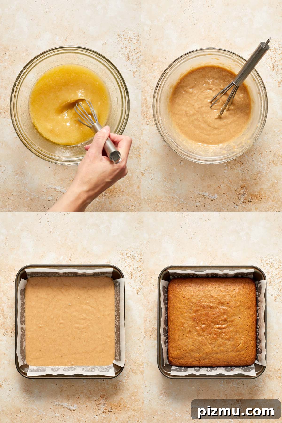 Moist Banana Cake Recipe with Vegetable Oil 5 Collage of 4 images showing how the banana cake with oil is made.