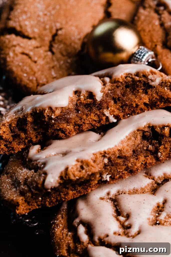 A close-up of two halves of a molasses cookie.