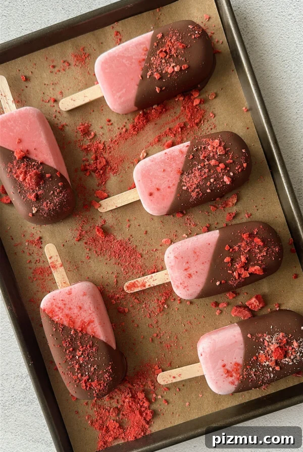 Frozen strawberry yogurt bars half dipped in chocolate.