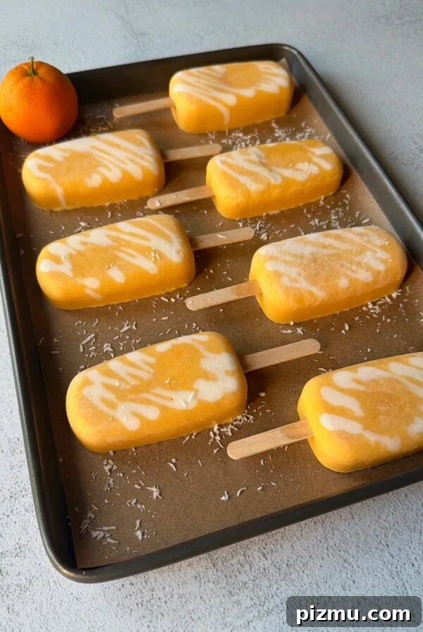 Homemade orange creamsicle popsicles.
