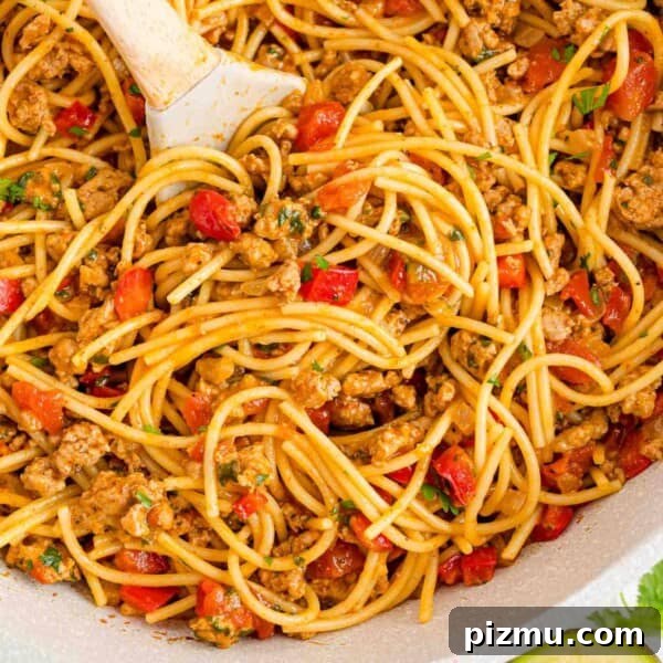 One-Pan Chicken Piccata Pasta with Lemon and Capers 14 One pot Mexican spaghetti in a pan with a serving spoon.