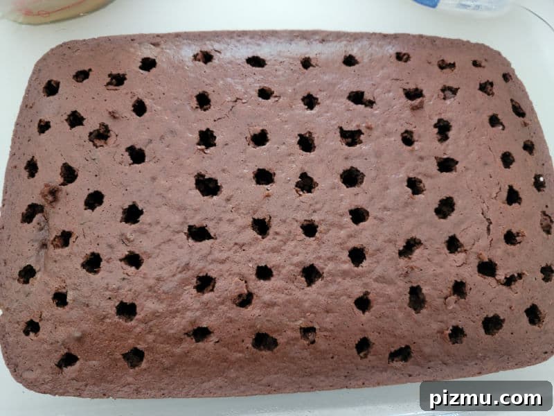 Butterfinger Cake Recipe with Chocolate Peanut Butter Crunch 4 Chocolate cake with holes poked in it for Butterfinger Poke Cake