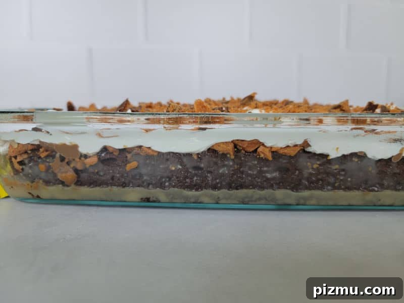 Butterfinger Cake Recipe with Chocolate Peanut Butter Crunch 8 sideview of a Butterfinger poke cake