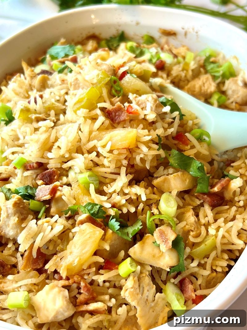 Pineapple Chicken and Rice Casserole Recipe 2 pineapple chicken rice casserole in a dish with a large spoon.