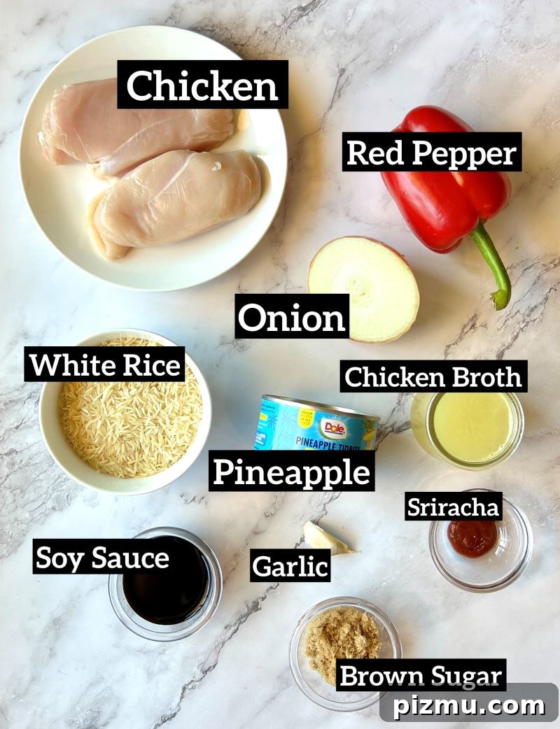 Pineapple Chicken and Rice Casserole Recipe 3 Ingredients displayed for pineapple chicken and rice casserole. Two small Boneless skinless chicken breast, red bell pepper, onion, white rice, pineapple in a can, chicken broth, Sriracha, soy sauce, garlic, brown sugar