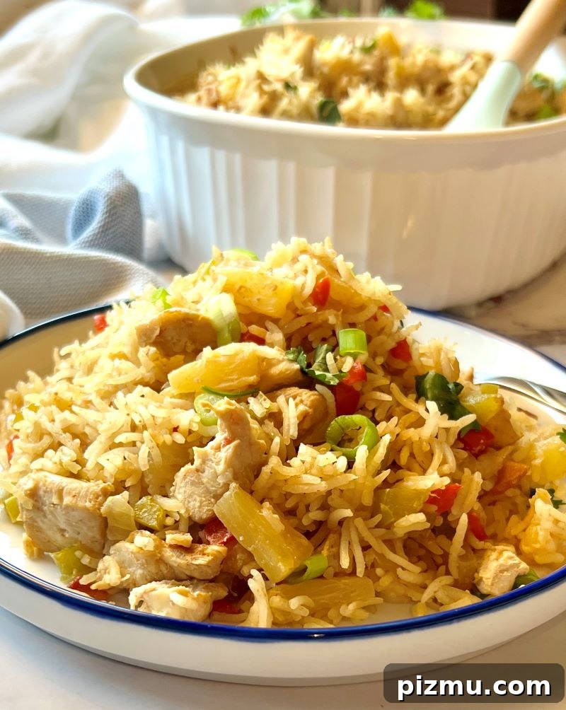 Pineapple Chicken and Rice Casserole Recipe 9 Final casserole plated and ready to serve.