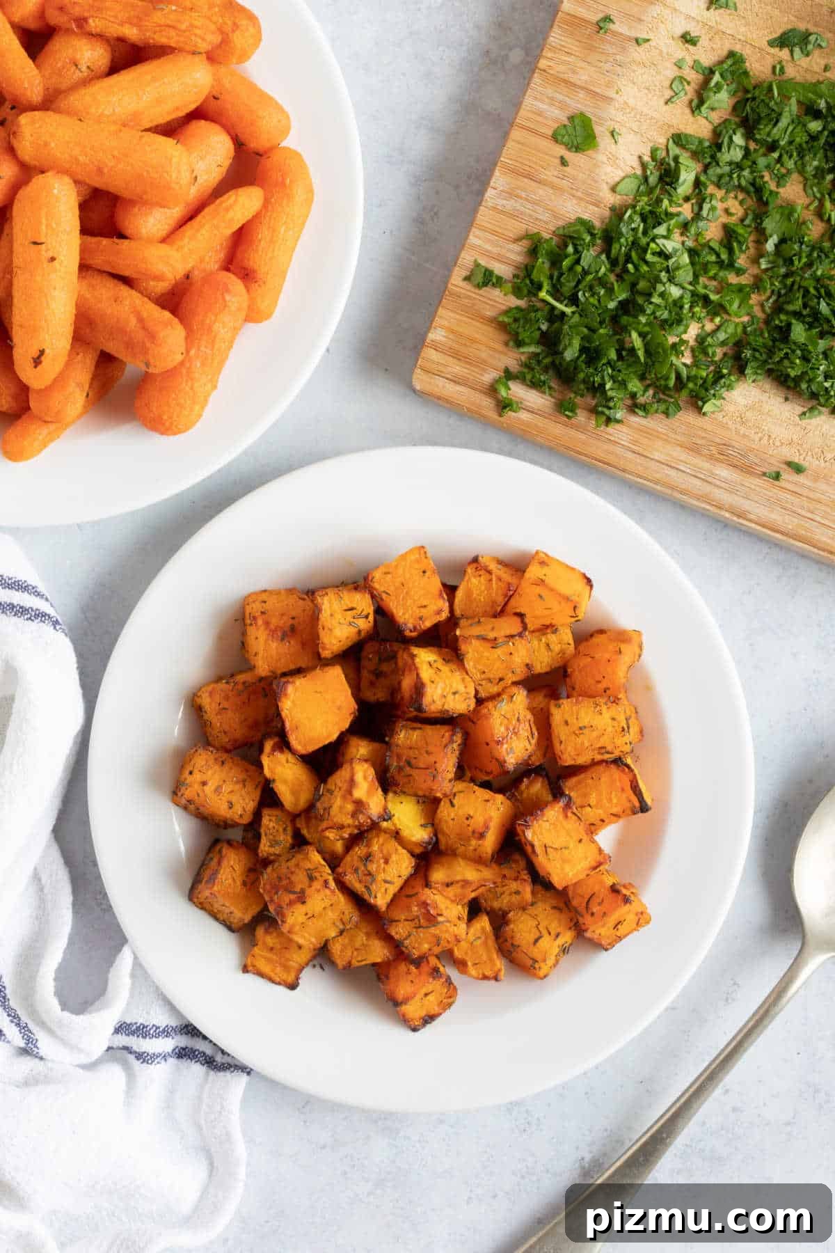 Crispy Air Fryer Butternut Squash with Garlic and Herbs 2 Air fried butternut squash with thyme.