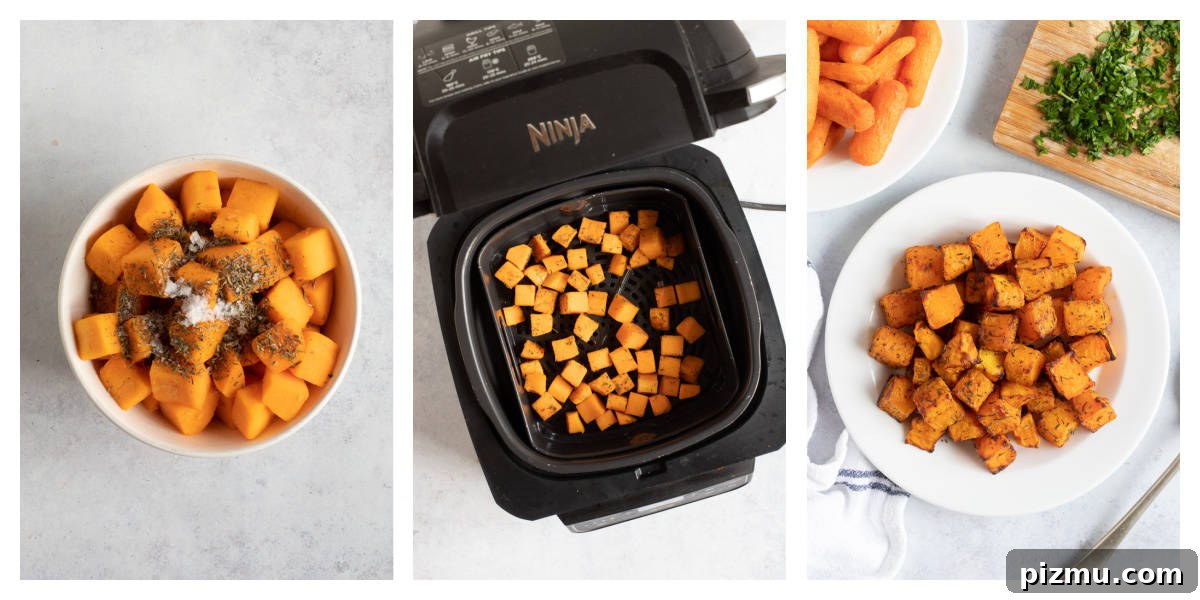 Crispy Air Fryer Butternut Squash with Garlic and Herbs 4 Butternut squash cubes in air fryer.