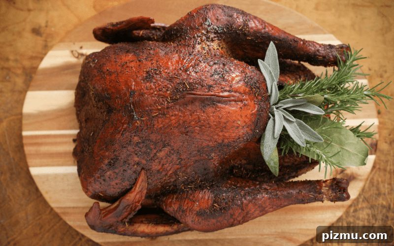 Smoke a Turkey on a Pellet Grill: 6-Step Guide 2 a smoked turkey on a cutting board on a table with herb garnishes.