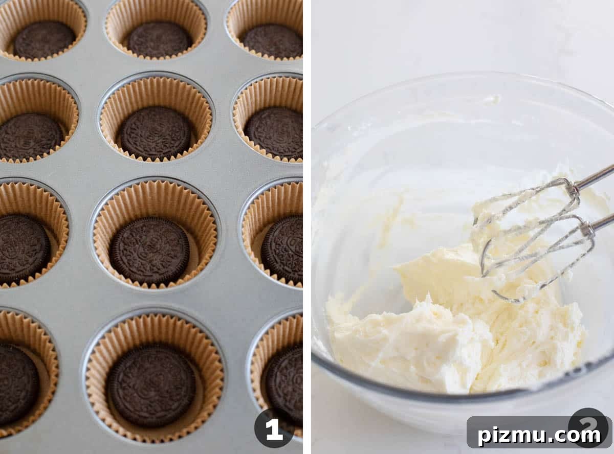 Creamy Mini Cheesecakes with Graham Cracker Crust 4 Placing a chocolate cookie in the bottom of muffin tins, then beating a cream cheese mixture.