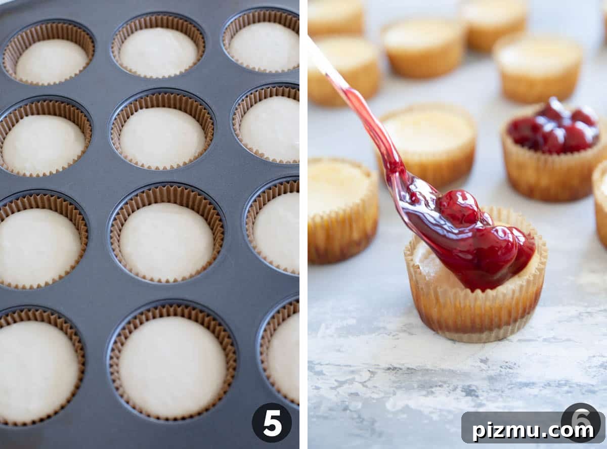 Creamy Mini Cheesecakes with Graham Cracker Crust 6 Filling muffin tins with mini cheesecake filling and then adding pie filling to the tops of baked cheesecakes.