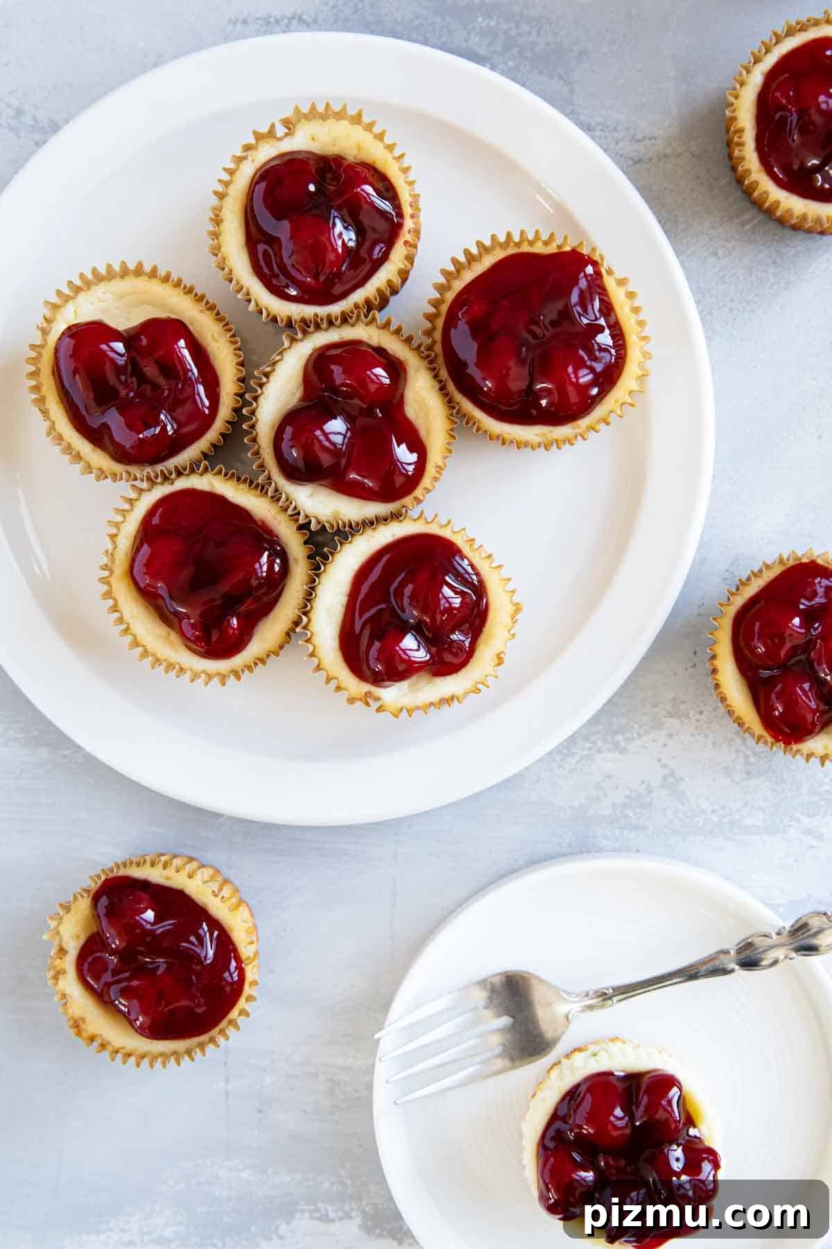 Creamy Mini Cheesecakes with Graham Cracker Crust 8 Mini cheesecakes topped with cherry pie filling on plates.