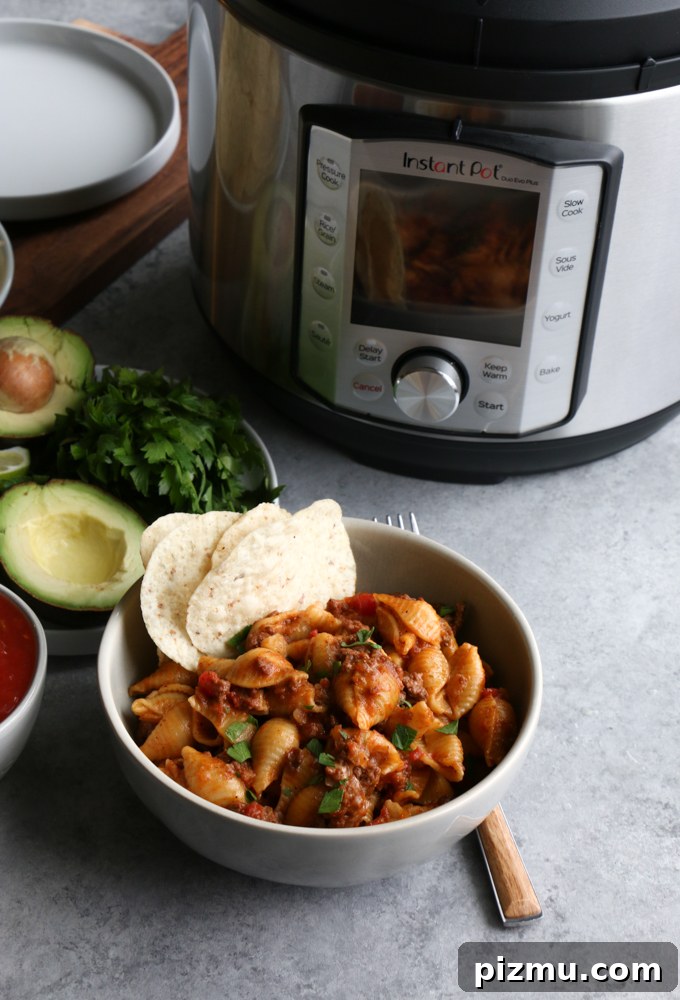 Instant Pot Cheesy Taco Pasta fresh from the pot