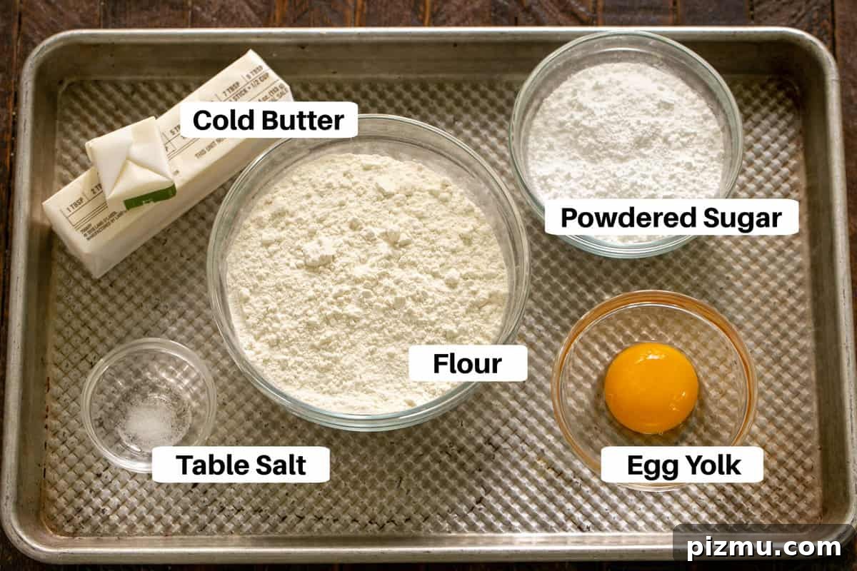 Lemon Tart Crust Ingredients on a sheet pan with labels.