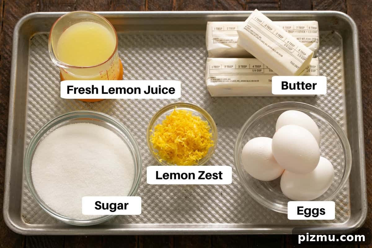 Lemon Tart Filling Ingredients on a sheet pan with labels.