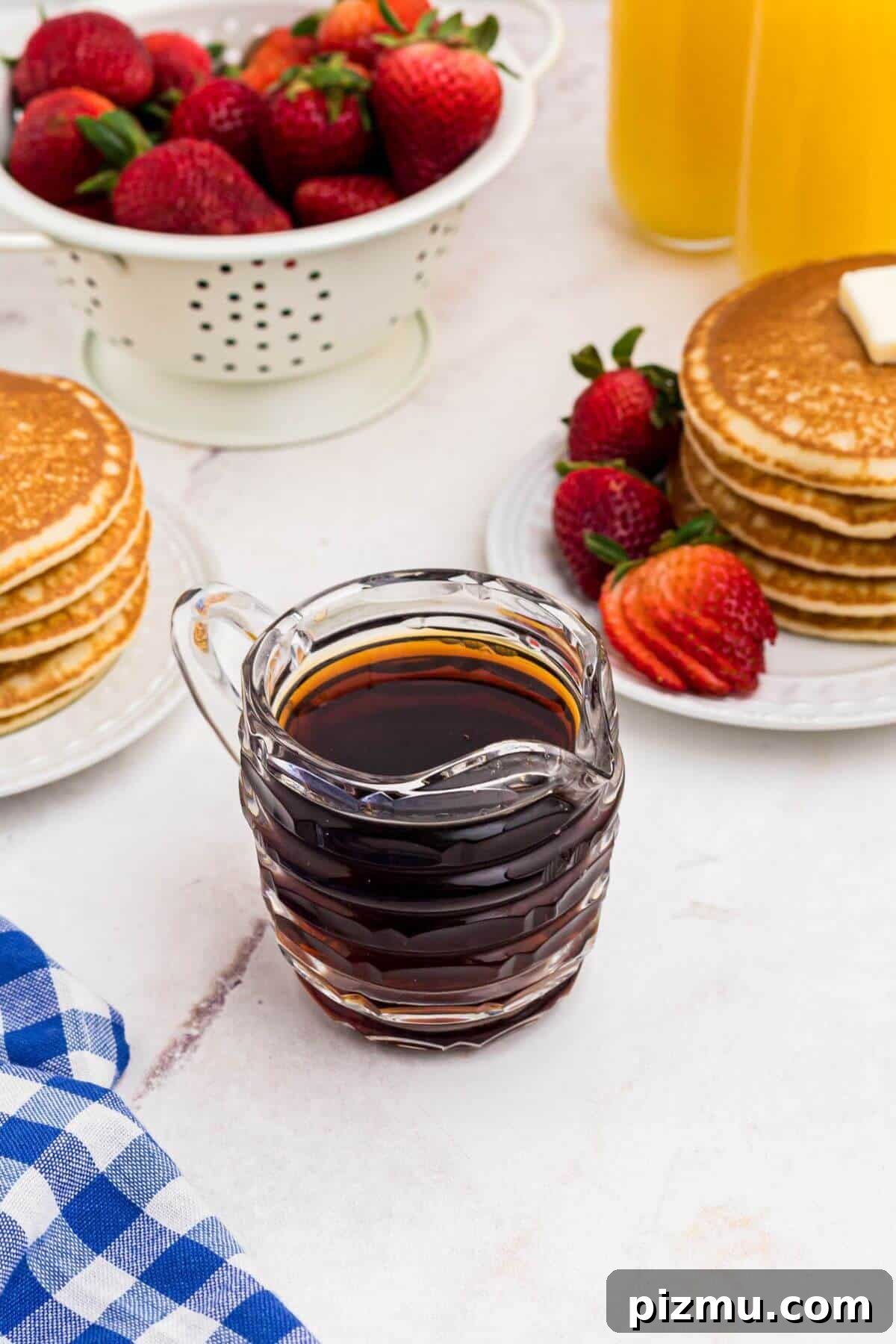 Small glass serving pitcher filled with homemade syrup in front of plates with stacks of pancakes and strawberries.