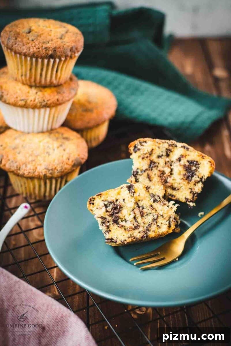 Rich Chocolate Chip Muffins Made with Egg Yolks 6 Delicious 4 egg yolk chocolate chip muffin placed on teal colored plate.