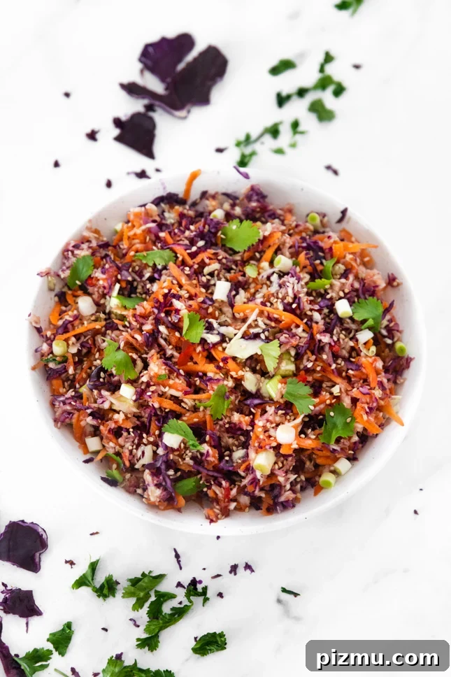Crunchy Asian Slaw with Sesame-Ginger Dressing 2 Photo of a bowl of Asian slaw