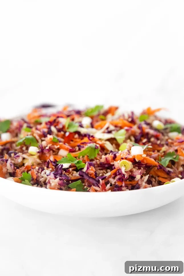 Crunchy Asian Slaw with Sesame-Ginger Dressing 3 Side photo of a bowl of Asian slaw