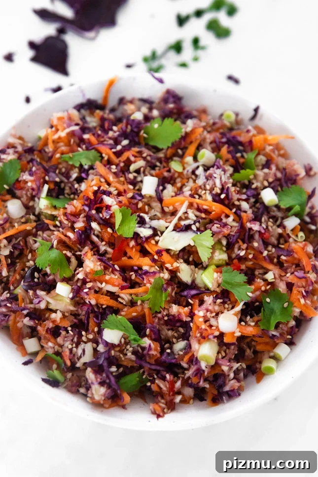 Crunchy Asian Slaw with Sesame-Ginger Dressing 4 Close-up photo of a bowl of Asian slaw