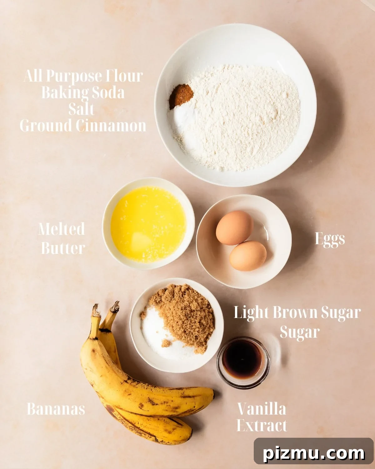 Small-Batch Banana Muffins (Makes 2) 3 Dry and wet ingredients for two banana muffins: flour, baking soda, cinnamon, salt, ripe bananas, butter, sugars, eggs, vanilla.