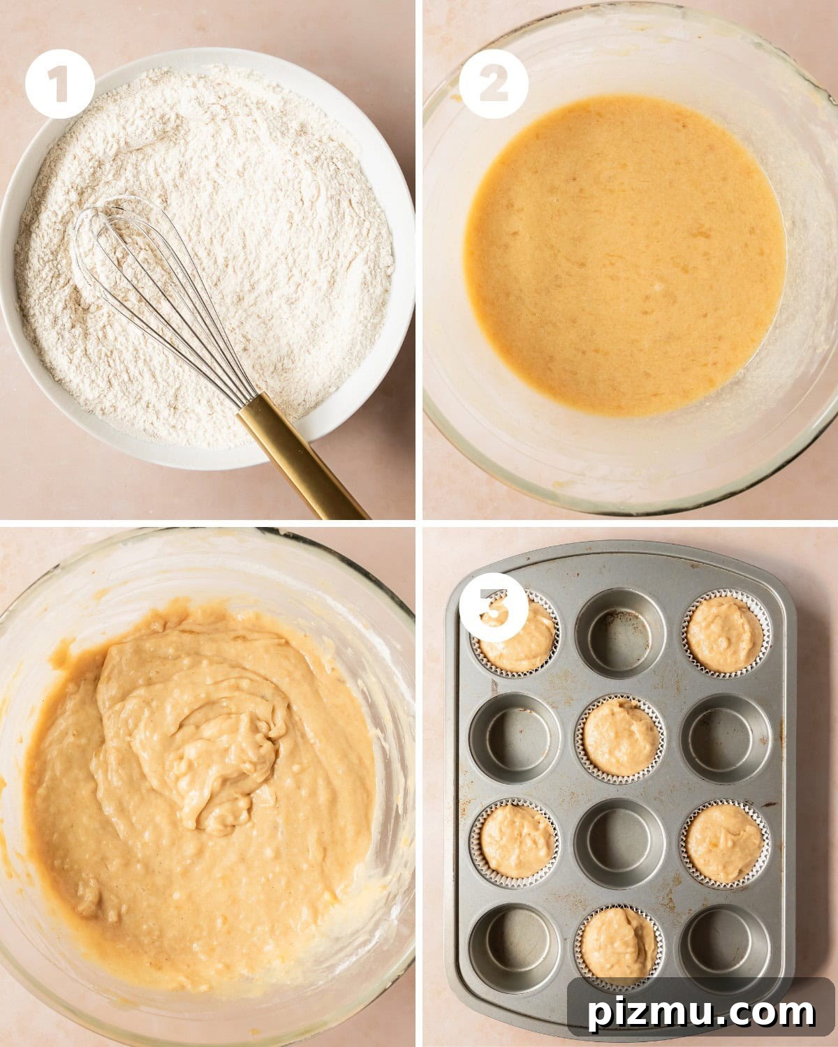 Small-Batch Banana Muffins (Makes 2) 4 Step: preheat oven, whisk dry ingredients, mash bananas and combine wet ingredients, fold together, scoop into liners and bake.