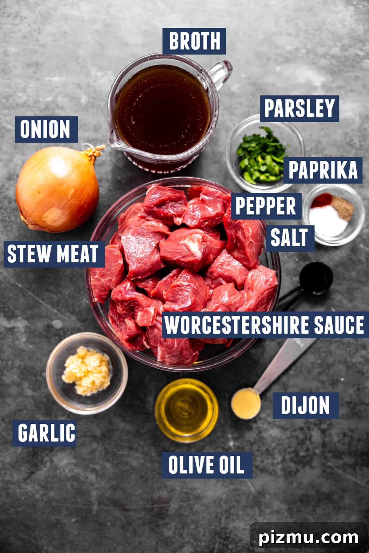 Ingredients in beef tips and gravy.
