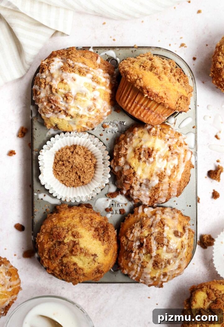 Sour Cream Coffee Cake Muffins Recipe with Cinnamon Streusel 3 sour cream coffee cake muffins just baked in muffin pan