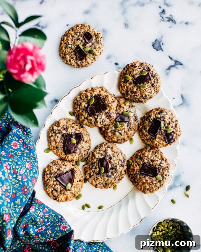 Seedy Currant Cookies with Mixed Seeds and Oats 3 Close-up of a cookie with seeds and chocolate