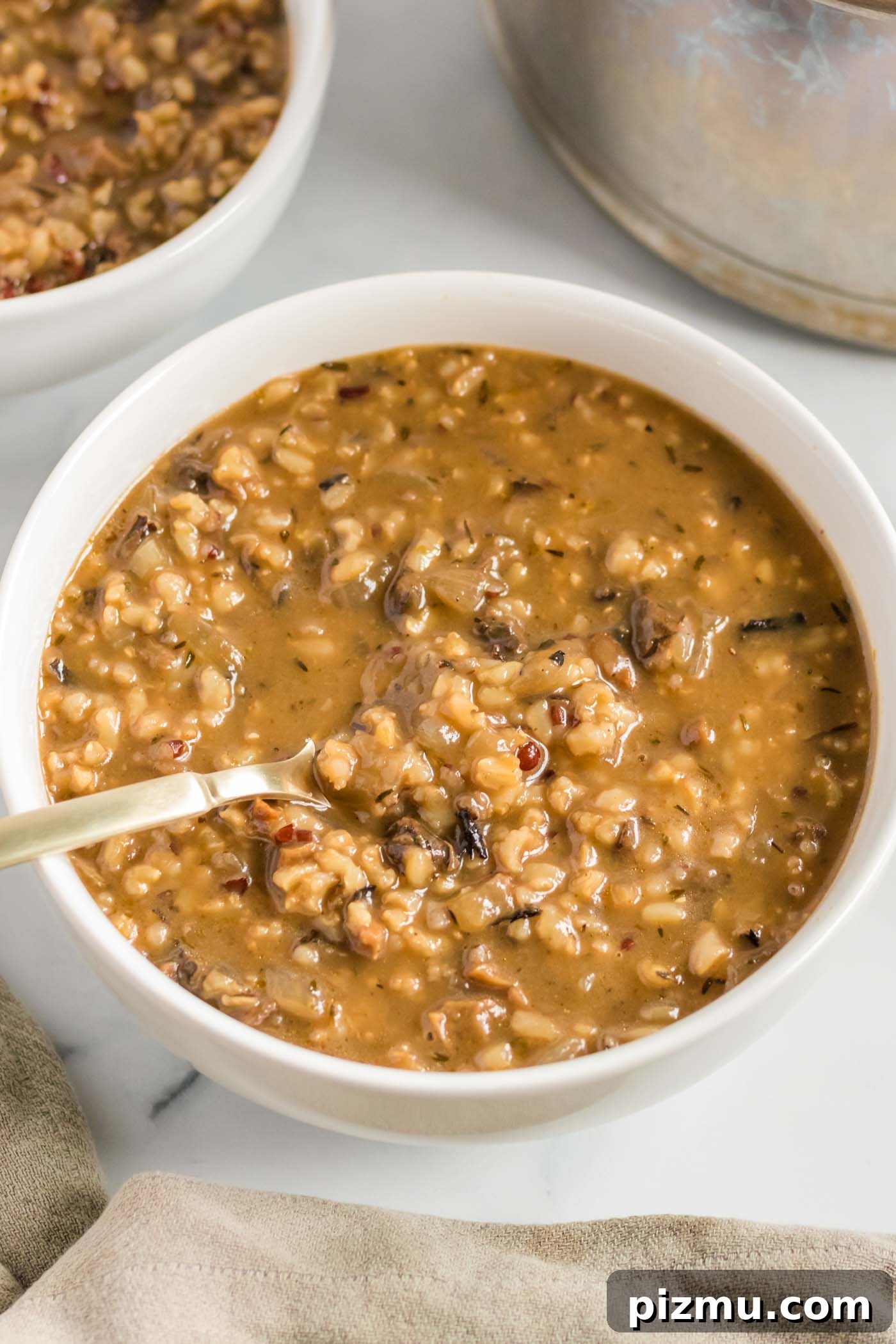 Creamy Vegan Mushroom and Wild Rice Soup 2 Bowl of mushroom wild rice soup with a spoon in it.