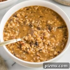 Creamy Vegan Mushroom and Wild Rice Soup 10 Overhead view of a bowl of mushroom wild rice soup with a spoon in it.