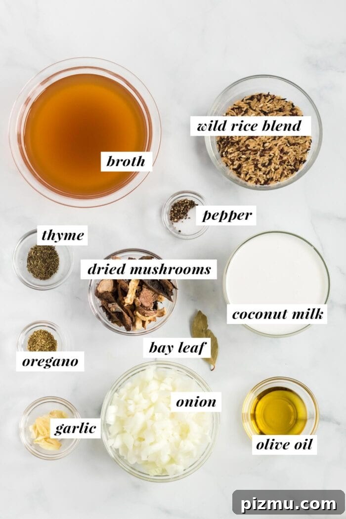 Creamy Vegan Mushroom and Wild Rice Soup 3 Visual list of ingredients for making a wild rice and mushroom soup recipe.