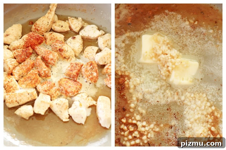 Brown chicken, then add butter to pan. Chicken pieces in a pan with butter and garlic with melting butter in pan.