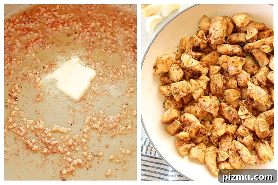 Saute garlic, add more butter than return the chicken to pan. Butter garlic sauce in a skillet and chicken added to sauce.