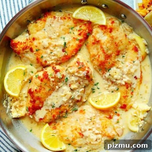 Lemon garlic chicken in a skillet.